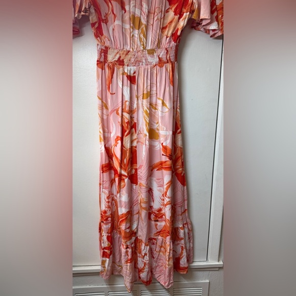 Abel the Label Flower Bomb Pink Orange Tropical Floral High Lo Maxi Dress M - Picture 10 of 14